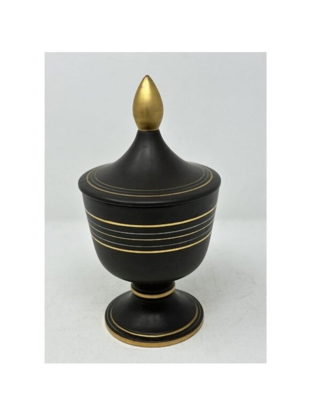Vtg VEE JACKSON CALIFORNIA 10" URN w/ FINIAL LID Black/Brown Gold Silver Lines